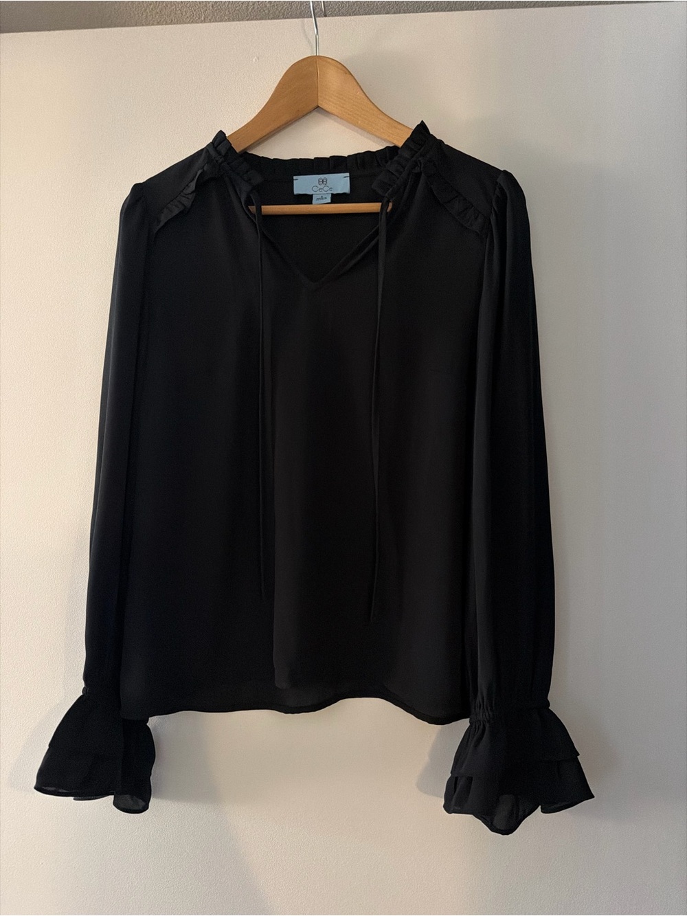 CeCe Black Long-Sleeve Ruffle Tie-Neck Blouse